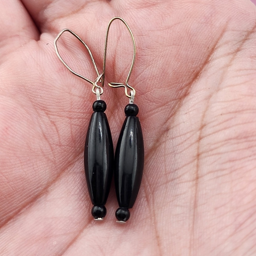 Black Acrylic Bead Long Dangle Earrings Gold Tone Kidney Wire Minimalist Boho